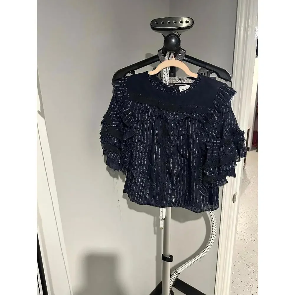 MISA Los Angeles 2 Piece Set XS Navy Metallic Stripe Ruffle Top Skirt Boho
